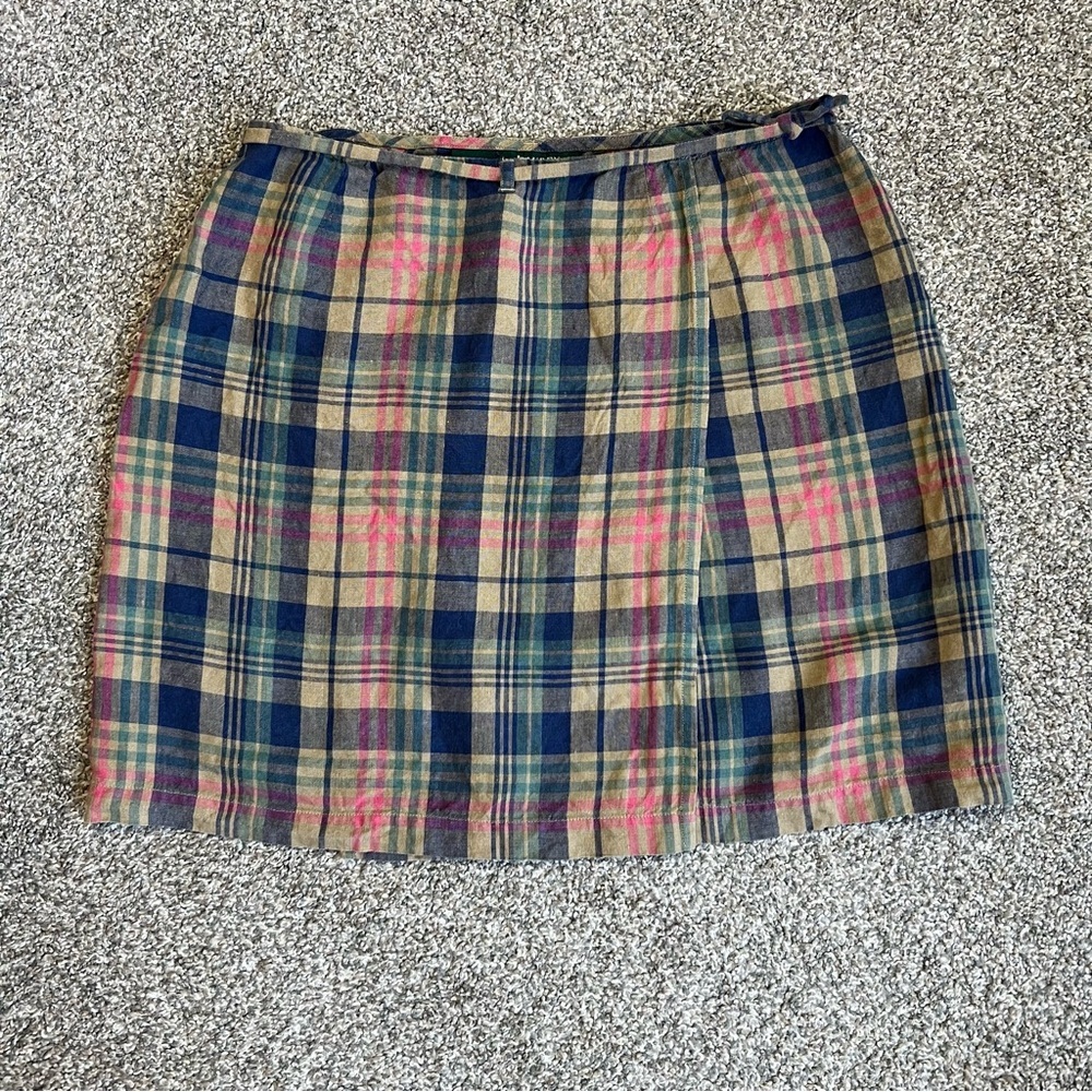 Vintage Ralph Lauren Tan/Blue/Pink Plaid Linen Wrap Belted‎ Mini Skirt, Size 8